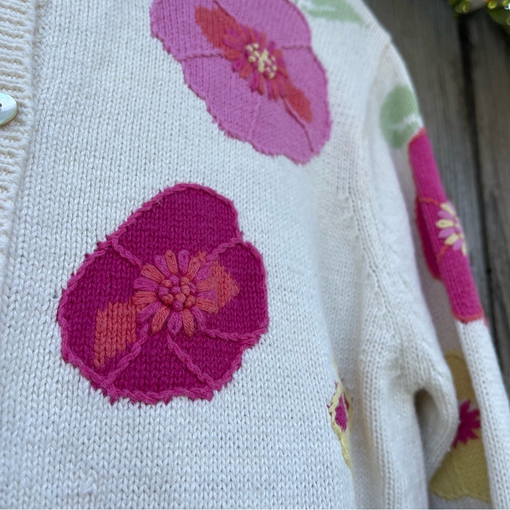 Vintage Floral Knit Cardigan Cream Pink Flowers Cottagecore Women’s L - Picture 5 of 10